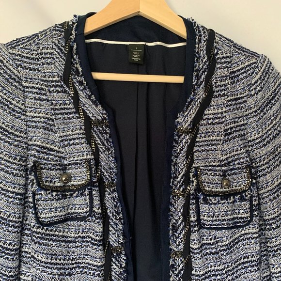WHBM Blue Tweed Fringe Chain Embellished Blazer Jacket - Picture 7 of 8